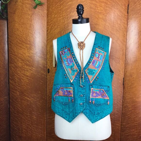 VINTAGE 80’s Acid Wash Southwestern Denim Vest S - Picture 11 of 14